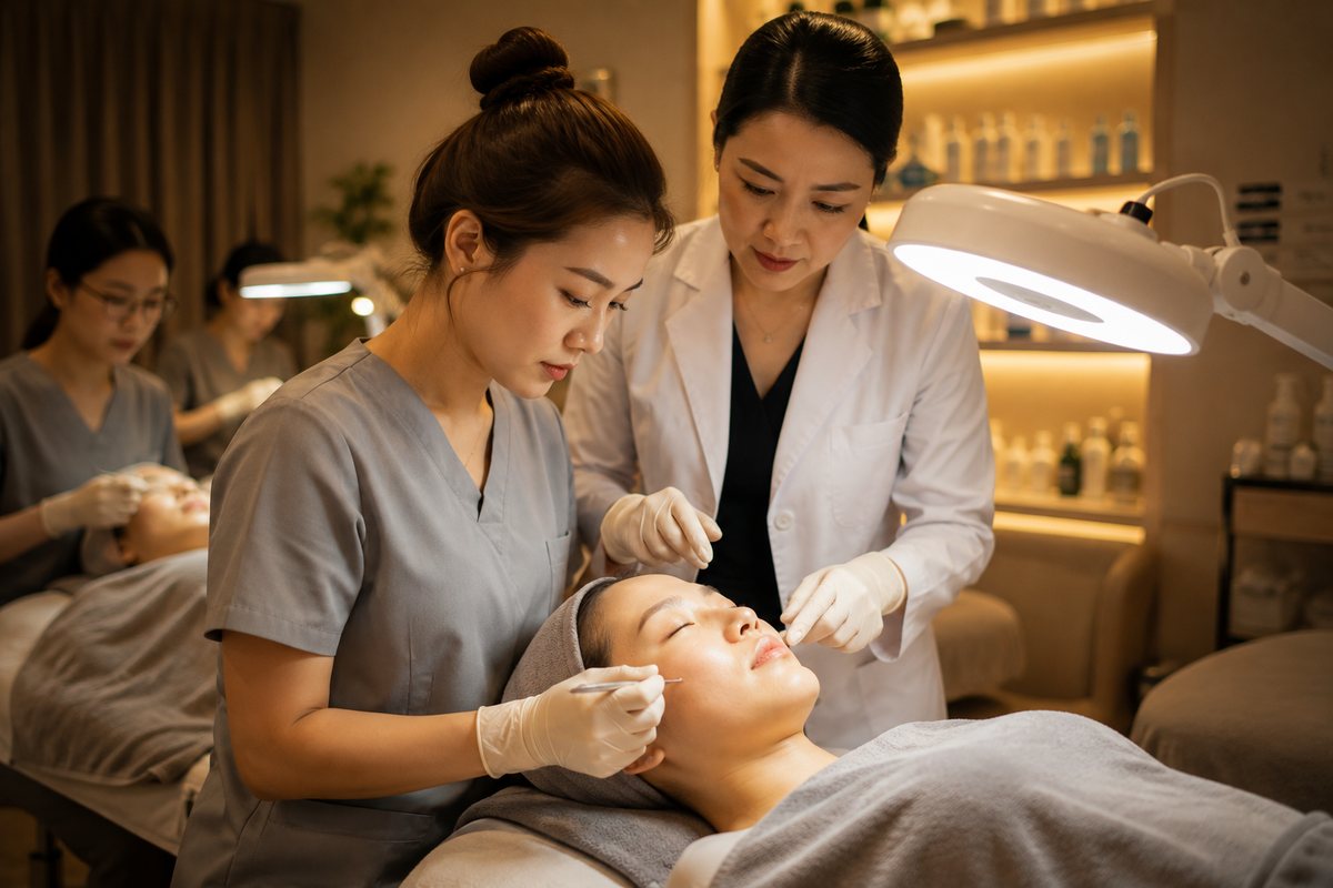 Bác sĩ trực tiếp hướng dẫn học viên thực hành trong lớp đào tạo spa y khoa
