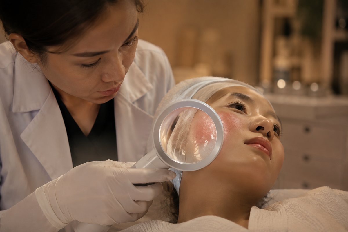 Dùng kính lúp đánh giá vùng da ửng đỏ, phân biệt hồng ban với mụn