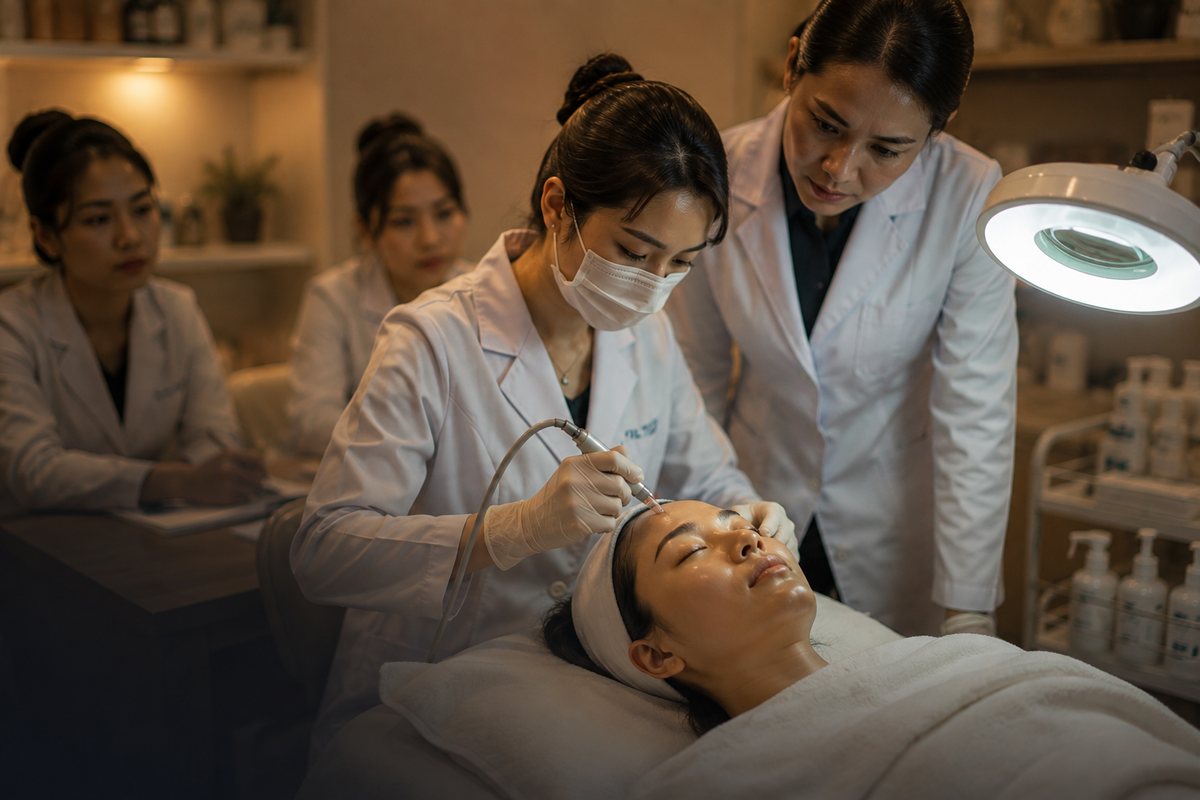 Học viên thực hành chăm sóc da trên khách hàng thật dưới sự giám sát của giảng viên