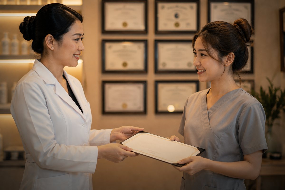 Giảng viên trao chứng nhận cho học viên tốt nghiệp khóa đào tạo da liễu thẩm mỹ
