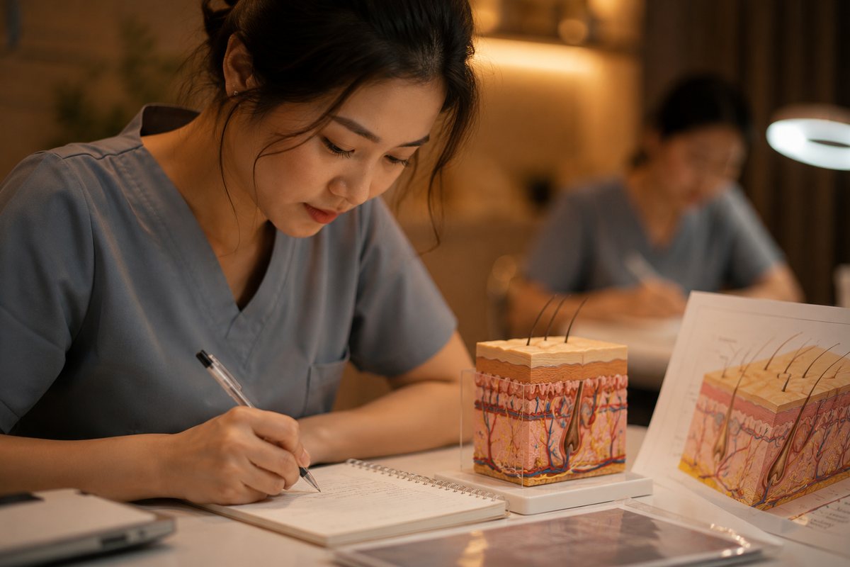 Học viên nghiên cứu mô hình giải phẫu 3 lớp da tại lớp đào tạo DrSkin Academy