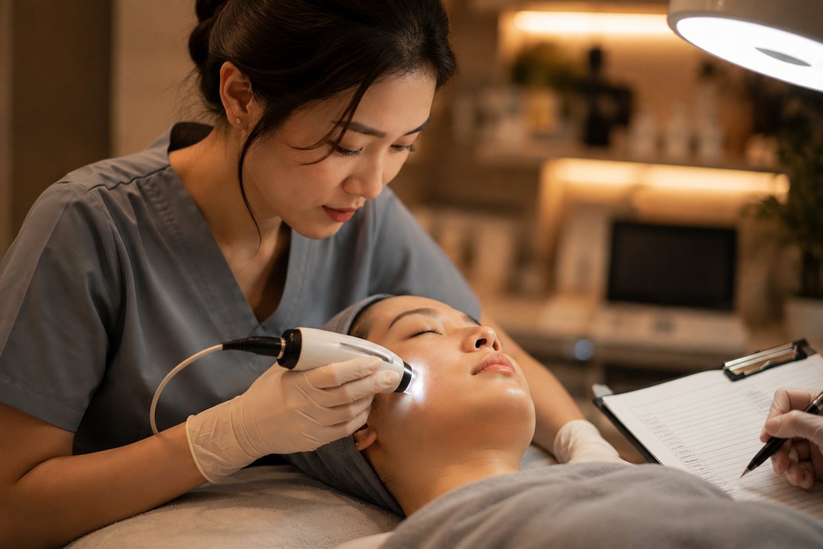 Chuyên viên soi da và ghi phiếu đánh giá bệnh sử trước khi làm liệu trình