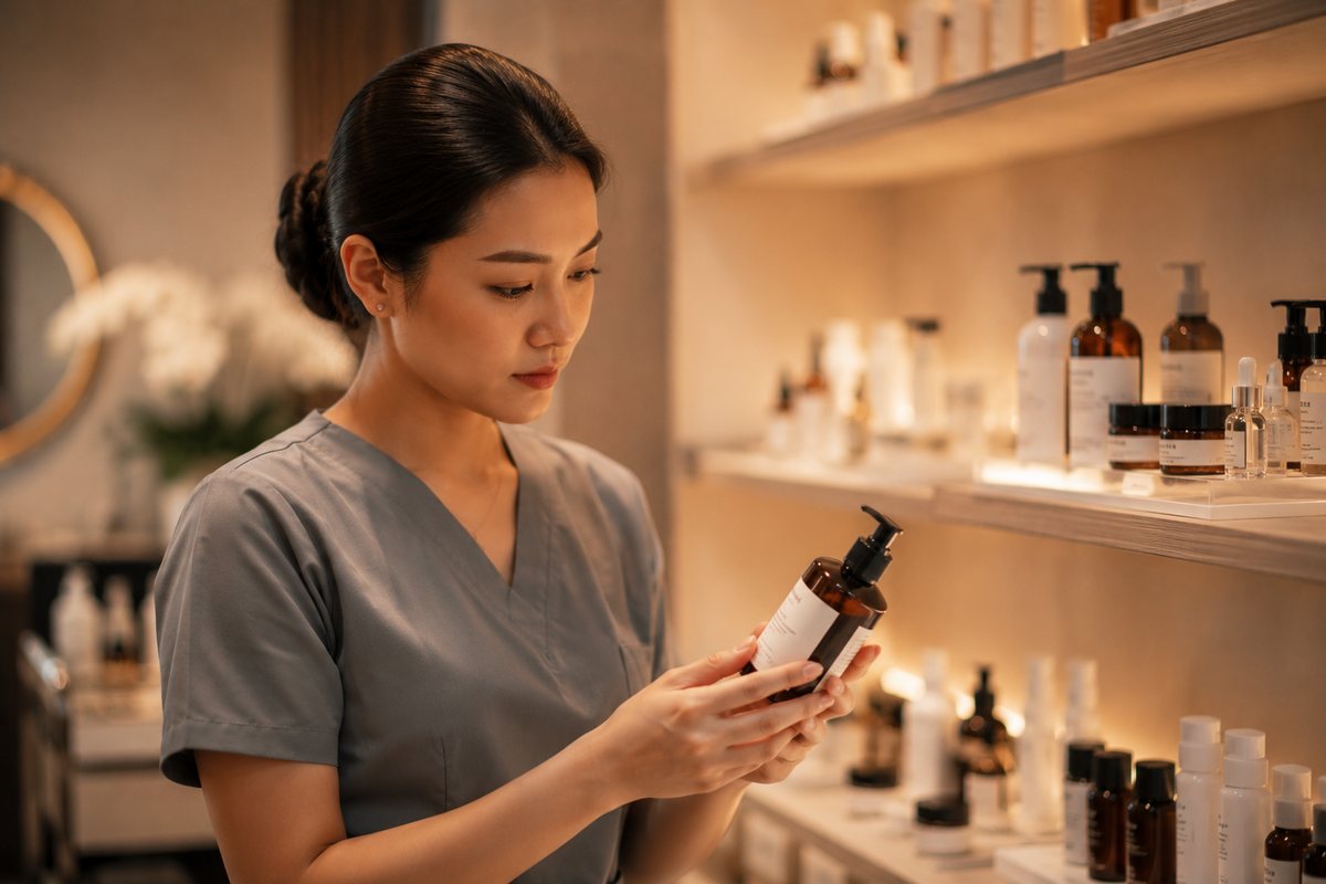 Kỹ thuật viên spa đọc nhãn thành phần dược mỹ phẩm để tư vấn đúng phạm vi